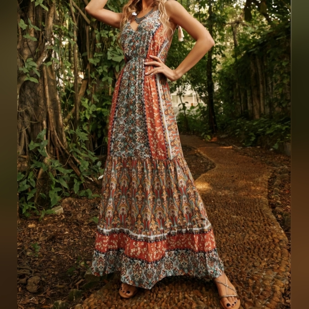 Boho Floral Print Backless Tie Shoulder Ruffle Hem Cami Dress